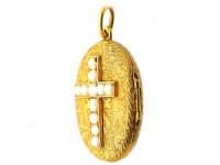 Victorian 18ct Gold Oval Locket with Natural Split Pearl set Cross