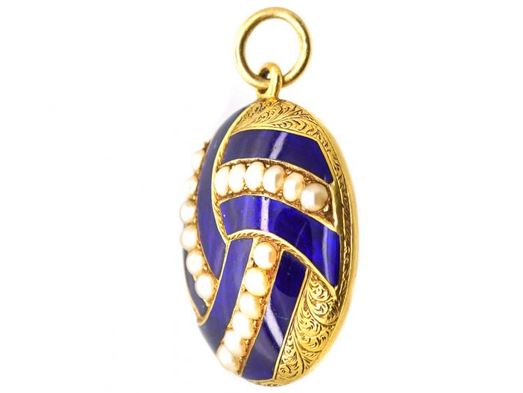 Victorian 18ct Gold, Blue Enamel & Natural Split Pearl Locket