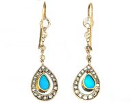 Edwardian 15ct Gold & Platinum Turquoise & Diamond Drop Earrings