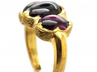 Victorian 18ct Gold Three Stone Cabochon Colour Change Garnet Ring with Engraved Detail