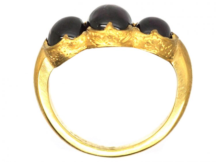 Victorian 18ct Gold Three Stone Cabochon Colour Change Garnet Ring with Engraved Detail