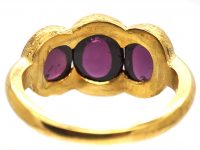 Victorian 18ct Gold Three Stone Cabochon Colour Change Garnet Ring with Engraved Detail