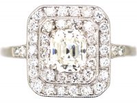 Art Deco Platinum Square Cluster Ring set with an Asscher Cut Diamond Surrounded by Small Diamonds