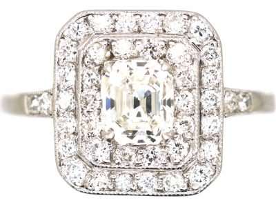 Art Deco Platinum Square Cluster Ring set with an Asscher Cut Diamond Surrounded by Small Diamonds