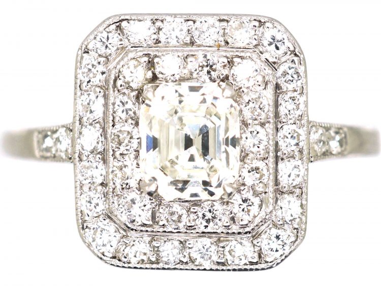 Art Deco Platinum Square Cluster Ring set with an Asscher Cut Diamond Surrounded by Small Diamonds