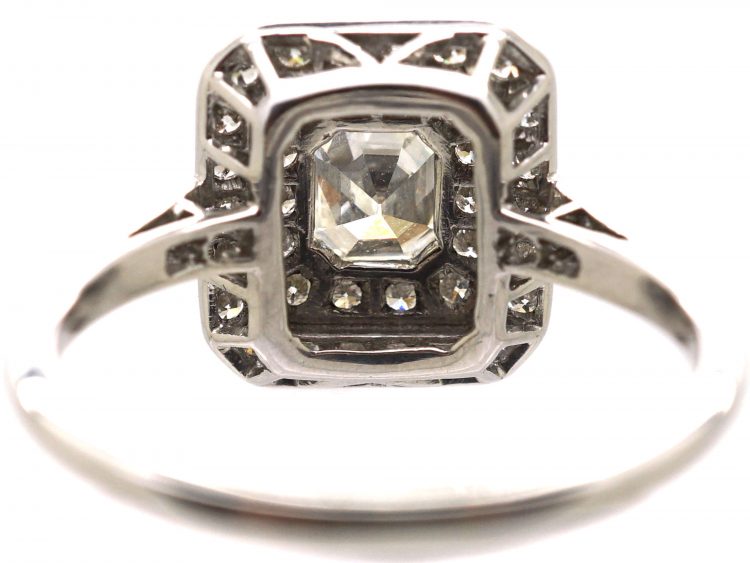 Art Deco Platinum Square Cluster Ring set with an Asscher Cut Diamond Surrounded by Small Diamonds