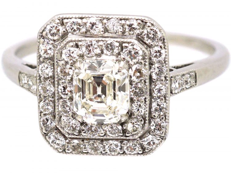 Art Deco Platinum Square Cluster Ring set with an Asscher Cut Diamond Surrounded by Small Diamonds