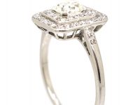 Art Deco Platinum Square Cluster Ring set with an Asscher Cut Diamond Surrounded by Small Diamonds