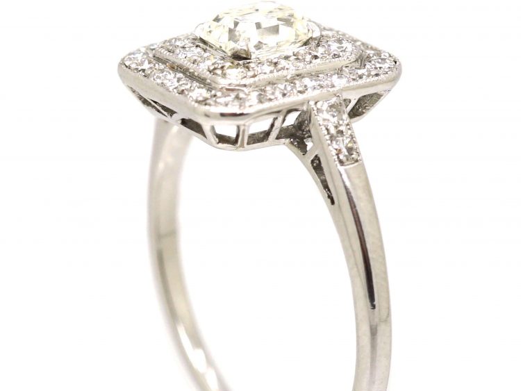 Art Deco Platinum Square Cluster Ring set with an Asscher Cut Diamond Surrounded by Small Diamonds