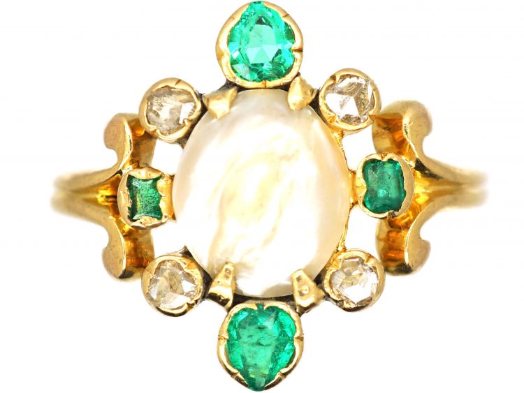 Edwardian 18ct Gold, Baroque Pearl, Emerald & Rose Diamond Ring