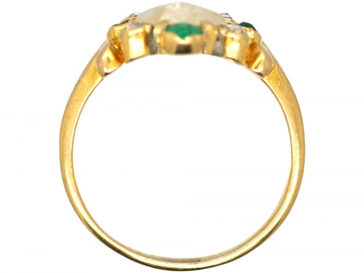 Edwardian 18ct Gold, Baroque Pearl, Emerald & Rose Diamond Ring