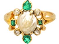 Edwardian 18ct Gold, Baroque Pearl, Emerald & Rose Diamond Ring