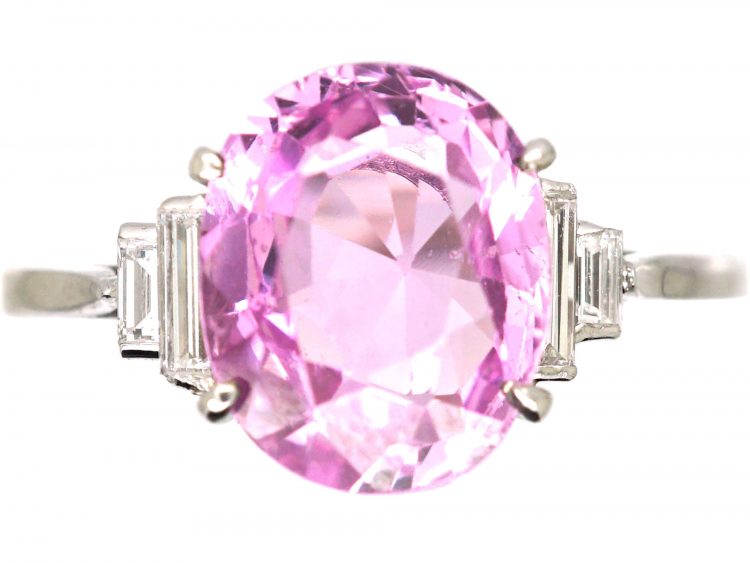 Art Deco Platinum Pink Sapphire & Baguette Diamond Ring