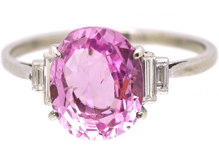 Art Deco Platinum Pink Sapphire & Baguette Diamond Ring