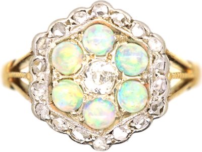 Edwardian 18ct Gold & Platinum, Opal & Diamond Hexagonal Cluster Ring