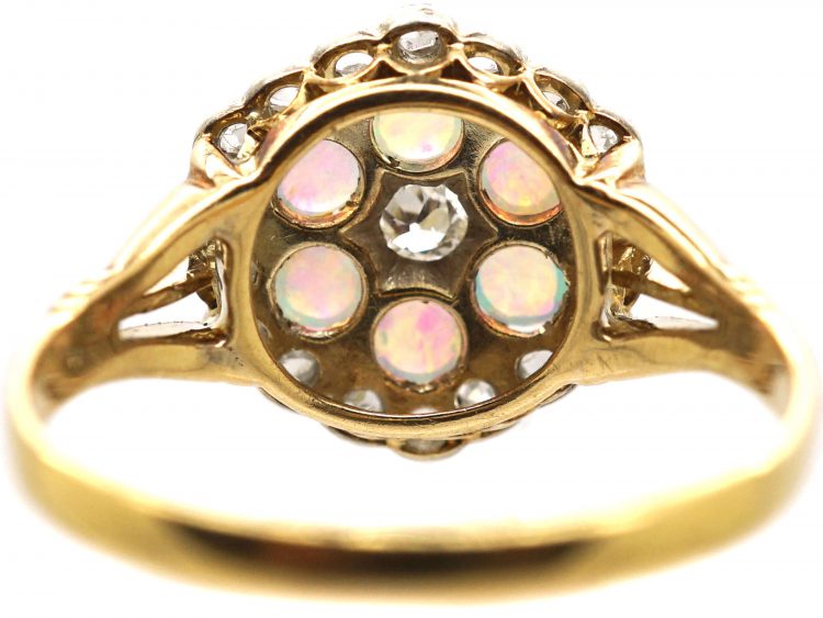 Edwardian 18ct Gold & Platinum, Opal & Diamond Hexagonal Cluster Ring