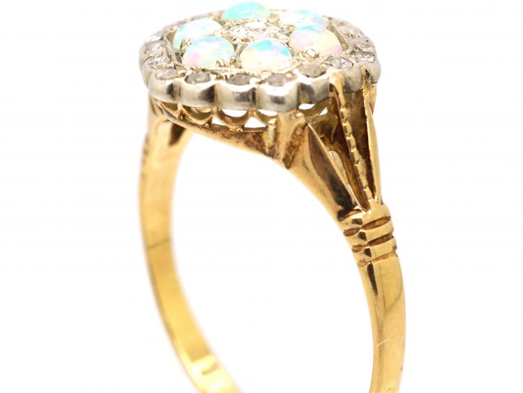 Edwardian 18ct Gold & Platinum, Opal & Diamond Hexagonal Cluster Ring