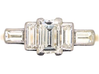 Art Deco 18ct Gold & Platinum, Three Stone Baguette Cut Diamond Ring with Baguette Cut Diamond Shoulders