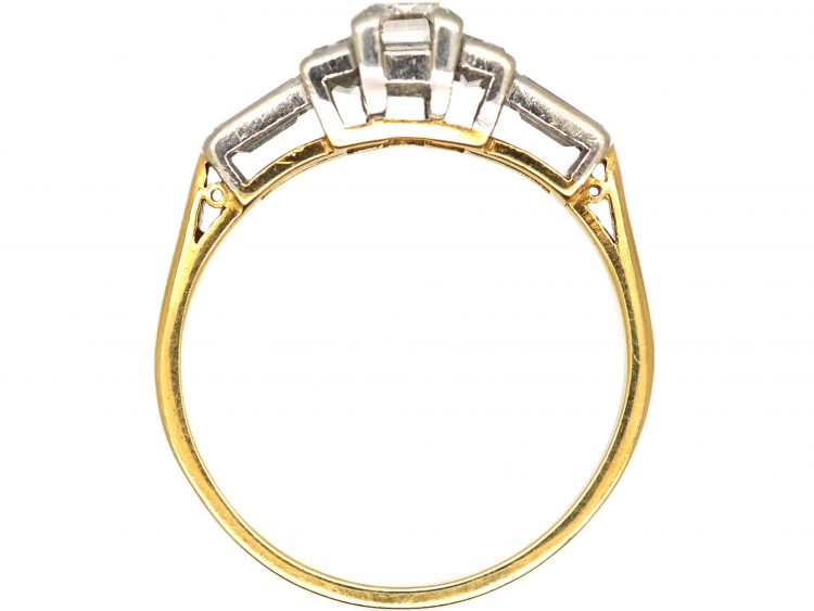 Art Deco 18ct Gold & Platinum, Three Stone Baguette Cut Diamond Ring with Baguette Cut Diamond Shoulders