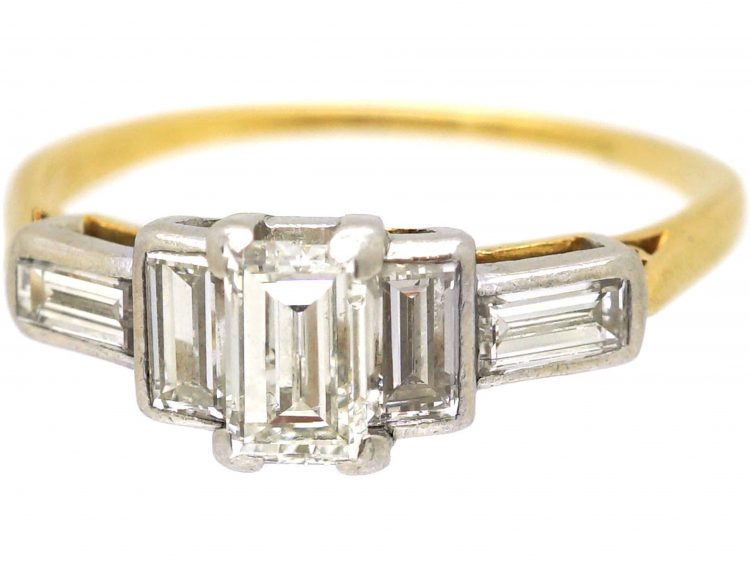 Art Deco 18ct Gold & Platinum, Three Stone Baguette Cut Diamond Ring with Baguette Cut Diamond Shoulders