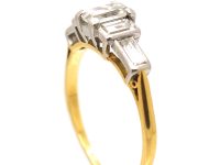 Art Deco 18ct Gold & Platinum, Three Stone Baguette Cut Diamond Ring with Baguette Cut Diamond Shoulders