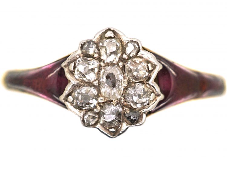 Early 19th Century 18ct Gold & Silver, Diamond Cluster Ring with Carved Amethyst Shoulders