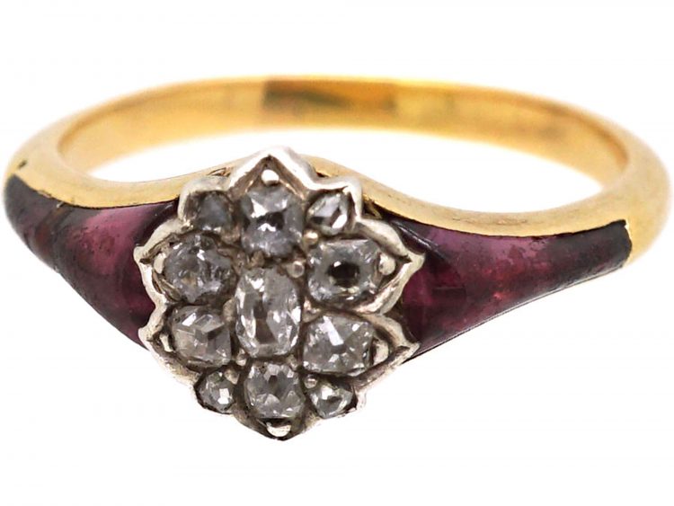 Early 19th Century 18ct Gold & Silver, Diamond Cluster Ring with Carved Amethyst Shoulders