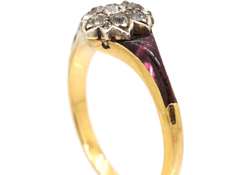 Early 19th Century 18ct Gold & Silver, Diamond Cluster Ring with Carved Amethyst Shoulders