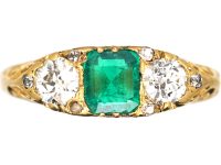 Victorian 18ct Gold, Emerald & Diamond Three Stone Carved Half Hoop Ring