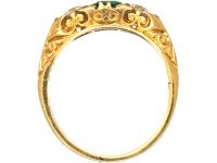 Victorian 18ct Gold, Emerald & Diamond Three Stone Carved Half Hoop Ring