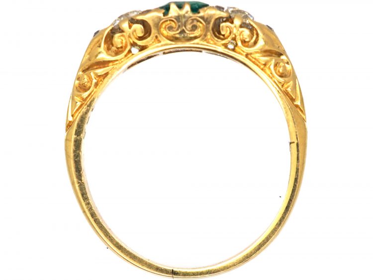 Victorian 18ct Gold, Emerald & Diamond Three Stone Carved Half Hoop Ring