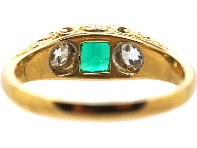 Victorian 18ct Gold, Emerald & Diamond Three Stone Carved Half Hoop Ring