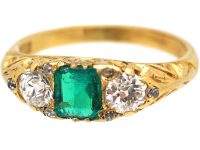 Victorian 18ct Gold, Emerald & Diamond Three Stone Carved Half Hoop Ring