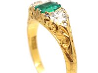 Victorian 18ct Gold, Emerald & Diamond Three Stone Carved Half Hoop Ring