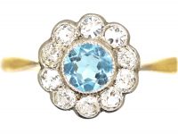 Edwardian 18ct Gold & Platinum, Aquamarine & Diamond Cluster Ring