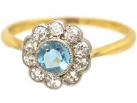 Edwardian 18ct Gold & Platinum, Aquamarine & Diamond Cluster Ring