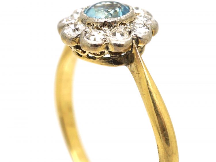 Edwardian 18ct Gold & Platinum, Aquamarine & Diamond Cluster Ring