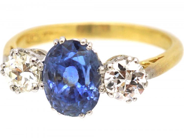 Early 20th Century 18ct Gold & Platinum, Sapphire & Diamond Three Stone Ring