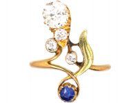 Russian Art Nouveau 14ct Two Colour Gold Sapphire & Diamond Ring