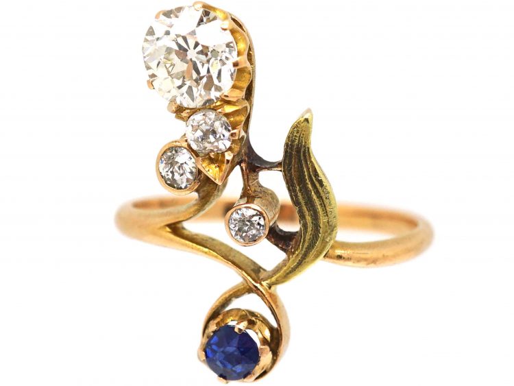 Russian Art Nouveau 14ct Two Colour Gold Sapphire & Diamond Ring