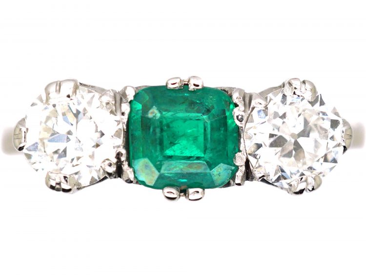 Edwardian Platinum, Emerald & Diamond Three Stone Ring