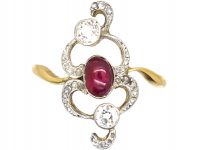 Art Nouveau 18ct Gold & Platinum Ring set with a Cabochon Ruby & Diamonds