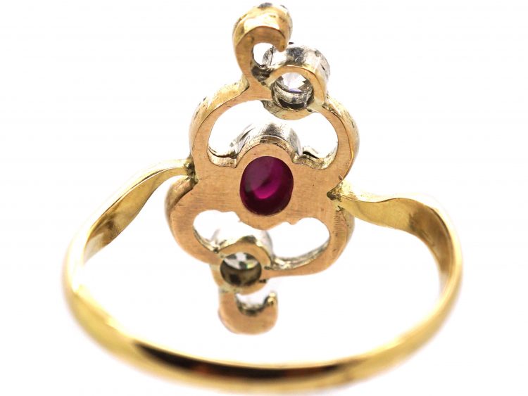 Art Nouveau 18ct Gold & Platinum Ring set with a Cabochon Ruby & Diamonds