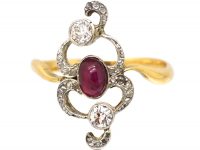 Art Nouveau 18ct Gold & Platinum Ring set with a Cabochon Ruby & Diamonds