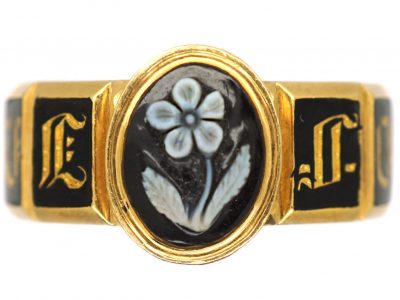 Early 19th Century 18ct Gold & Black Enamel Mourning Ring with Pansy cut in Onyx