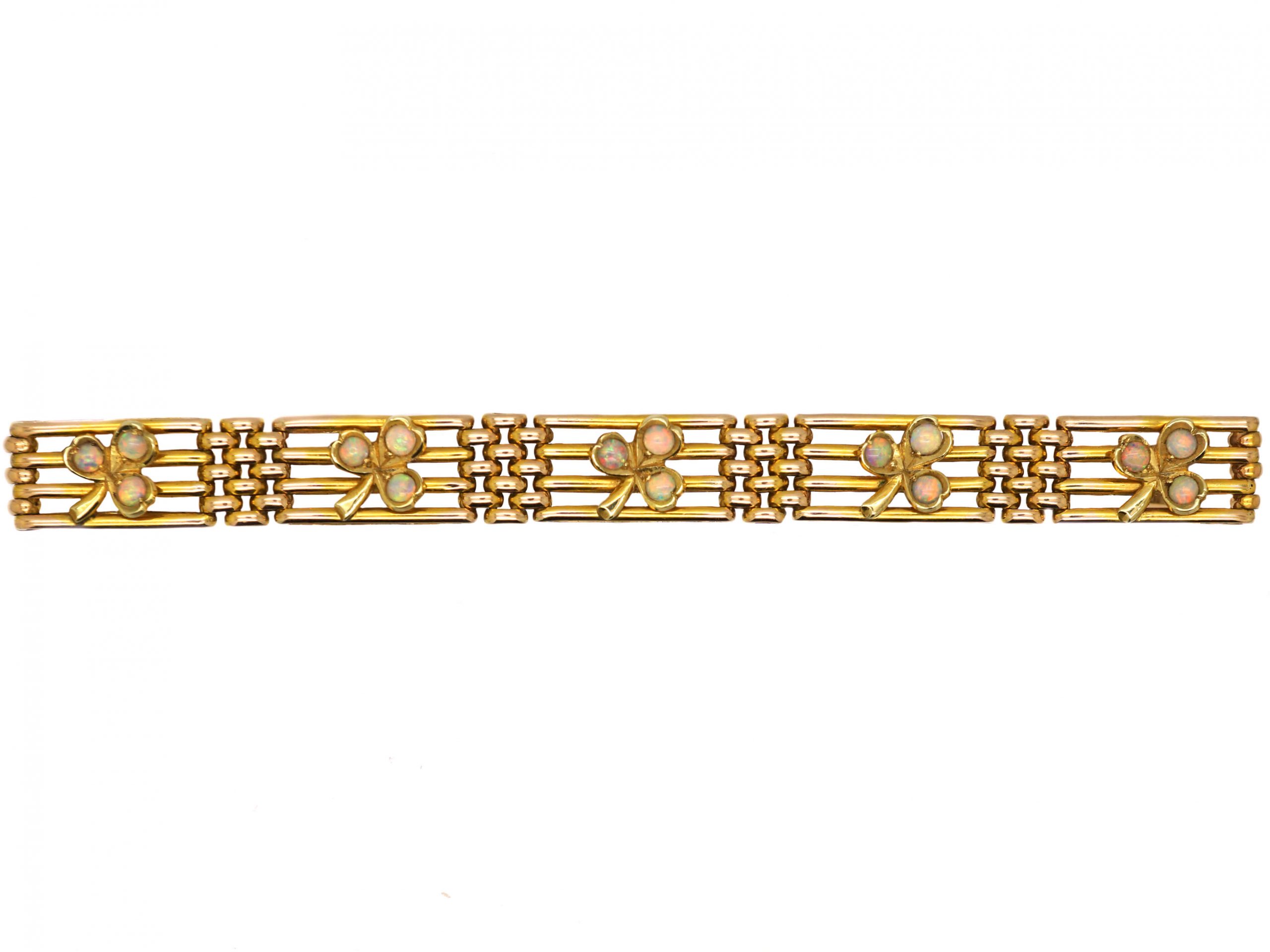 Edwardian 15ct Gold Gate Bracelet with Three Leaf Clovers set with Opals