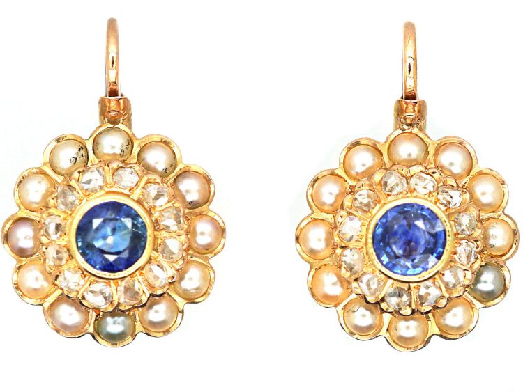 Early 20th Century French 18ct Gold Round Earrings set with Sapphires, Rose diamonds & Natural Split Pearls