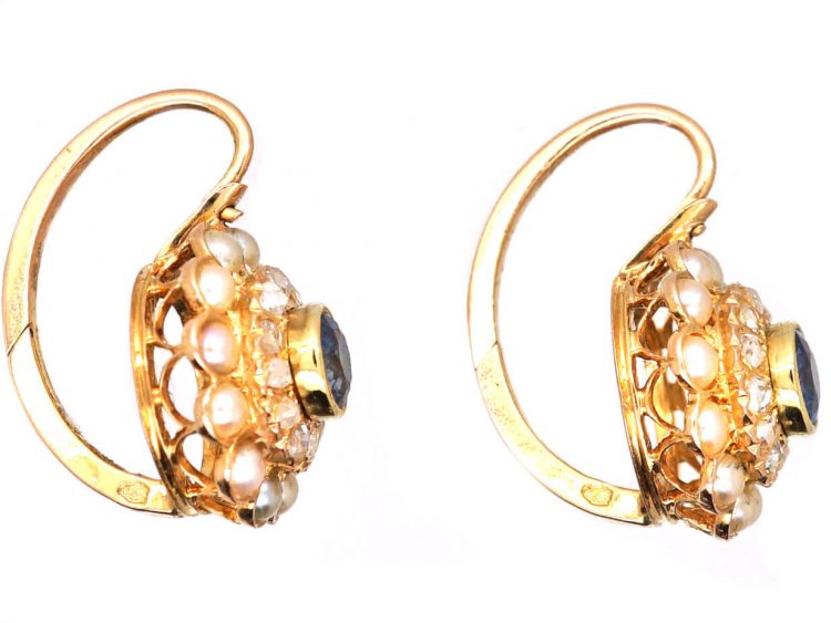 Early 20th Century French 18ct Gold Round Earrings set with Sapphires, Rose diamonds & Natural Split Pearls