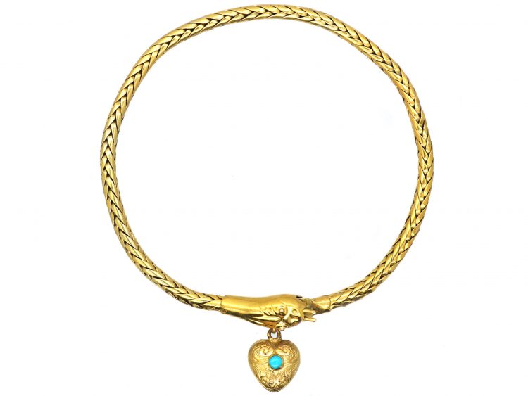 Regency 18ct Gold Snake Bracelet with Heart set with a Turquoise