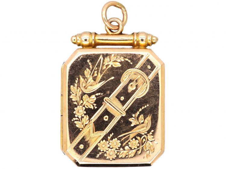 Edwardian 9ct Gold Locket with Garter & Swallow Engraved Motifs